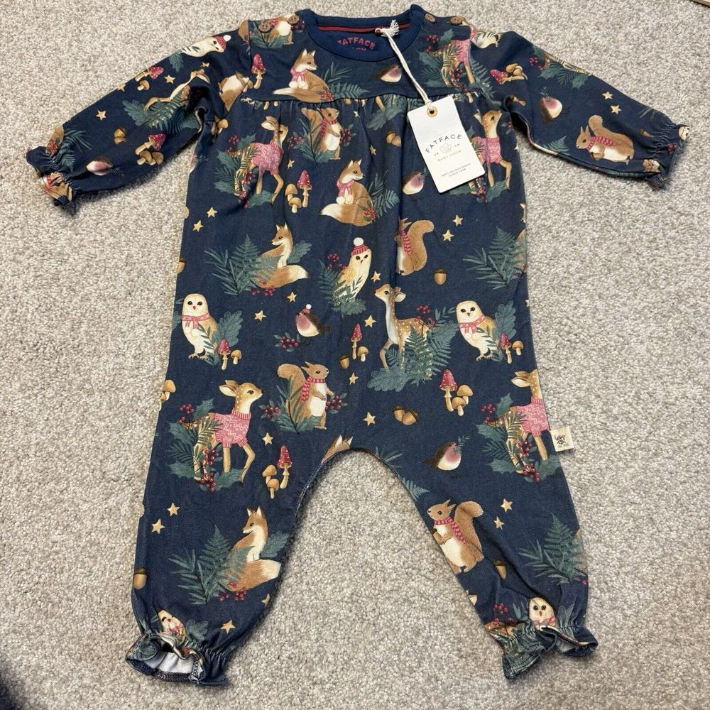 Fat Face Baby Romper Woodland Animals NET 6-9 Months‎ Navy